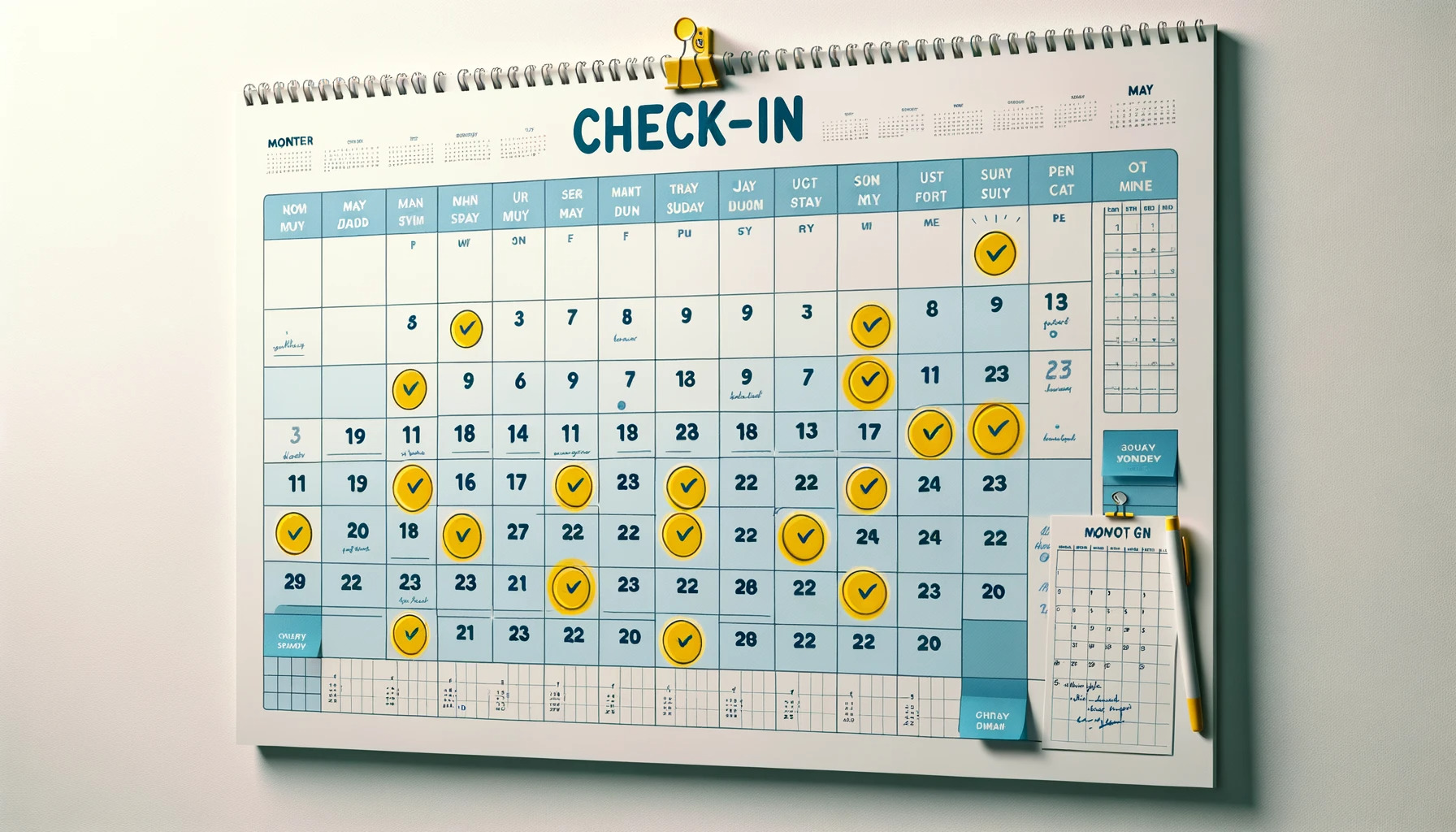 A calendar marked with periodic check-in dates.