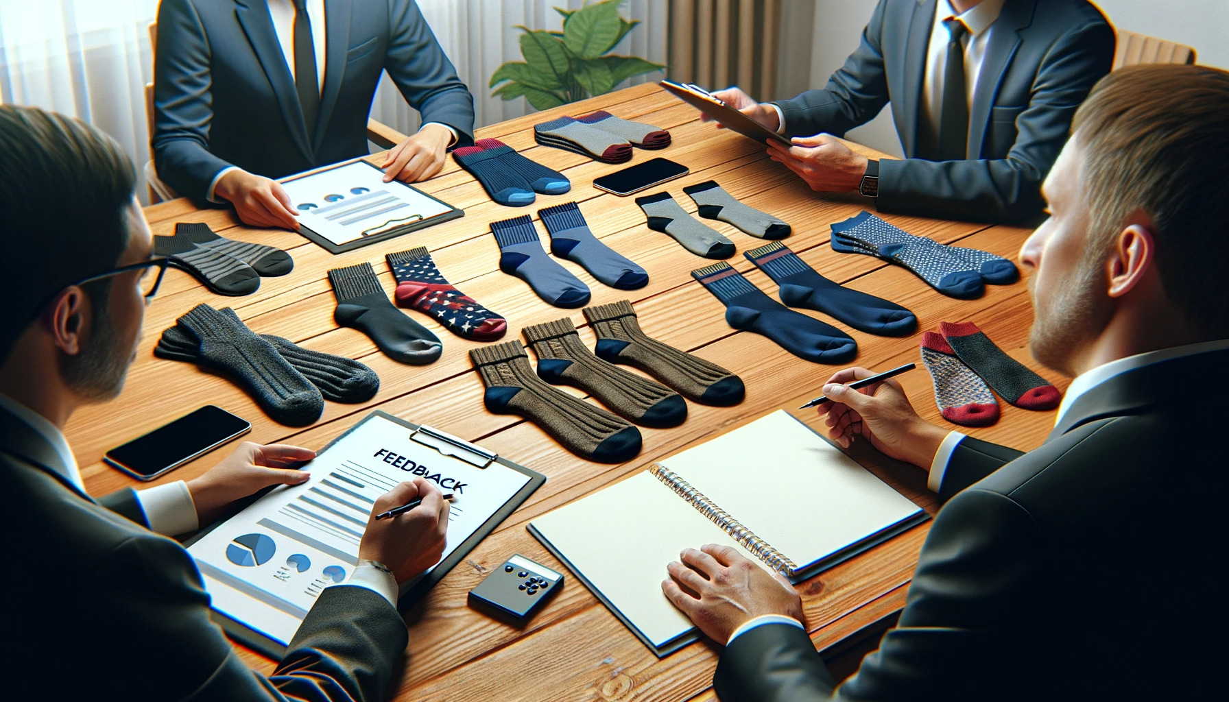 A feedback session, with a display of socks and notes being exchanged