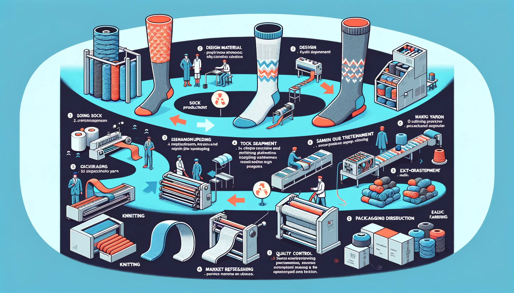 An infographic showing the typical sock production process from design to shipping.